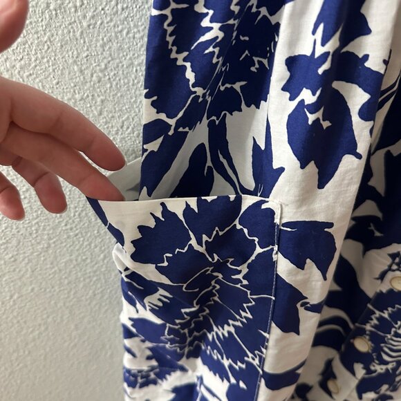Zara 100% Cotton Blue White Floral Print Midi Shirt Dress LARGE Button Front - Picture 6 of 8